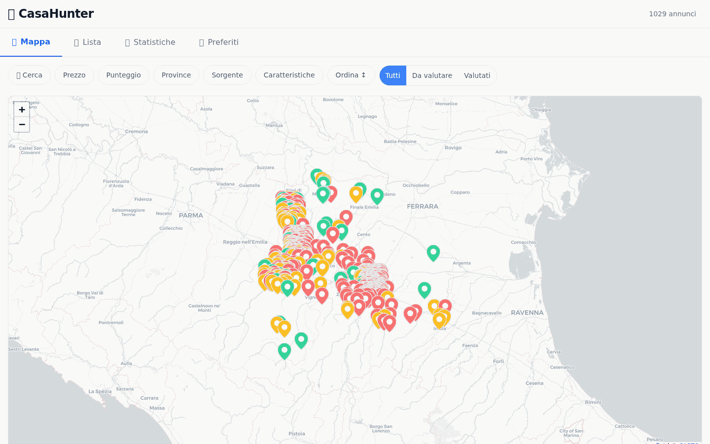Dashboard CasaHunter v1 — Vista mappa con 1029 annunci colorati per score in Emilia-Romagna