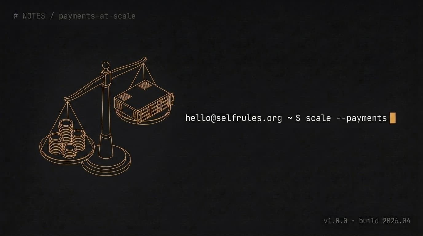 Wireframe illustration of a balance scale with coins and server — hello@selfrules.org ~ $ scale --payments