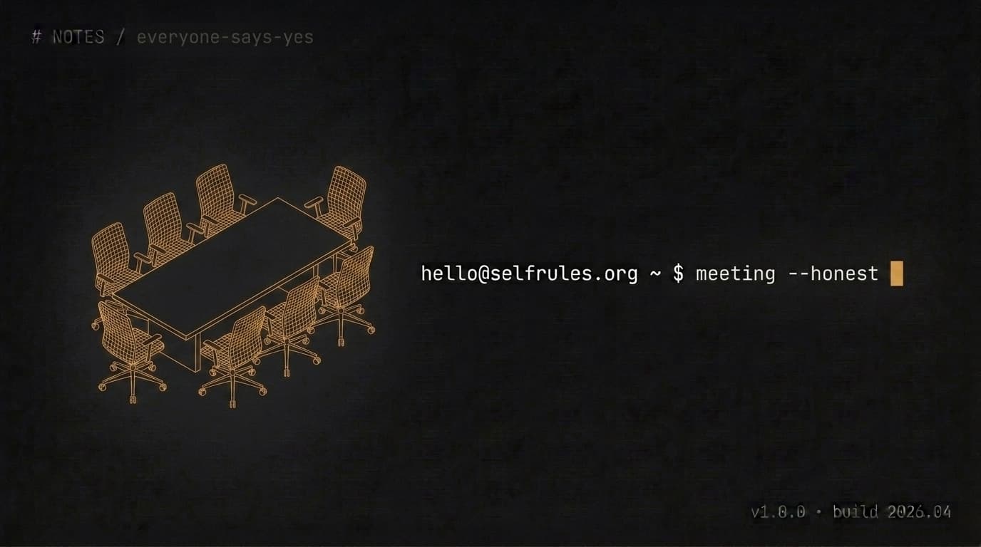 Wireframe illustration of a meeting table with empty chairs — hello@selfrules.org ~ $ meeting --honest