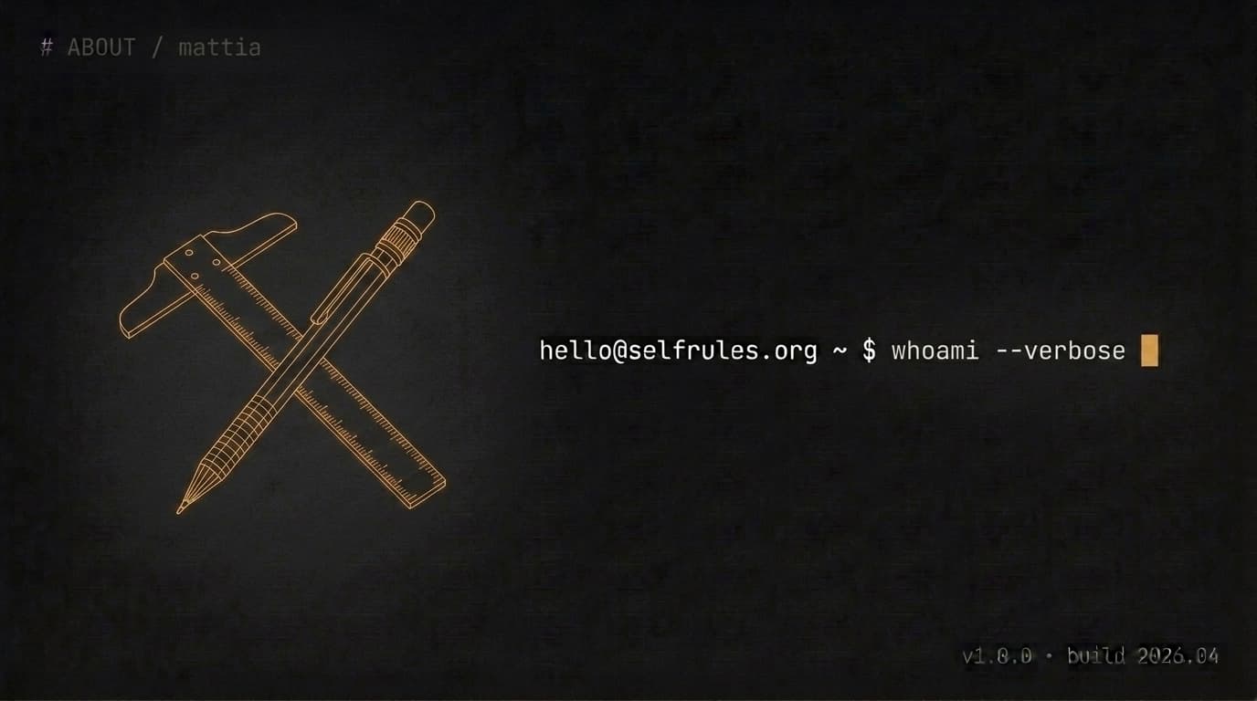 Wireframe illustration of a technical pencil and T-square — hello@selfrules.org ~ $ whoami --verbose