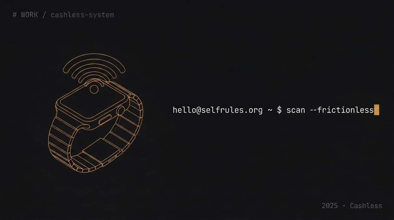 Wireframe illustration of a smartwatch with NFC signal — hello@selfrules.org ~ $ scan --frictionless