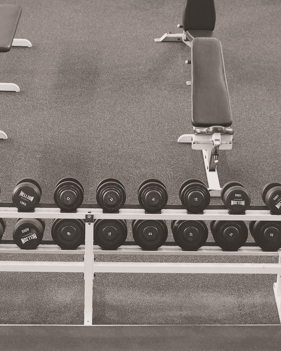 Una rastrelliera di manubri in una palestra