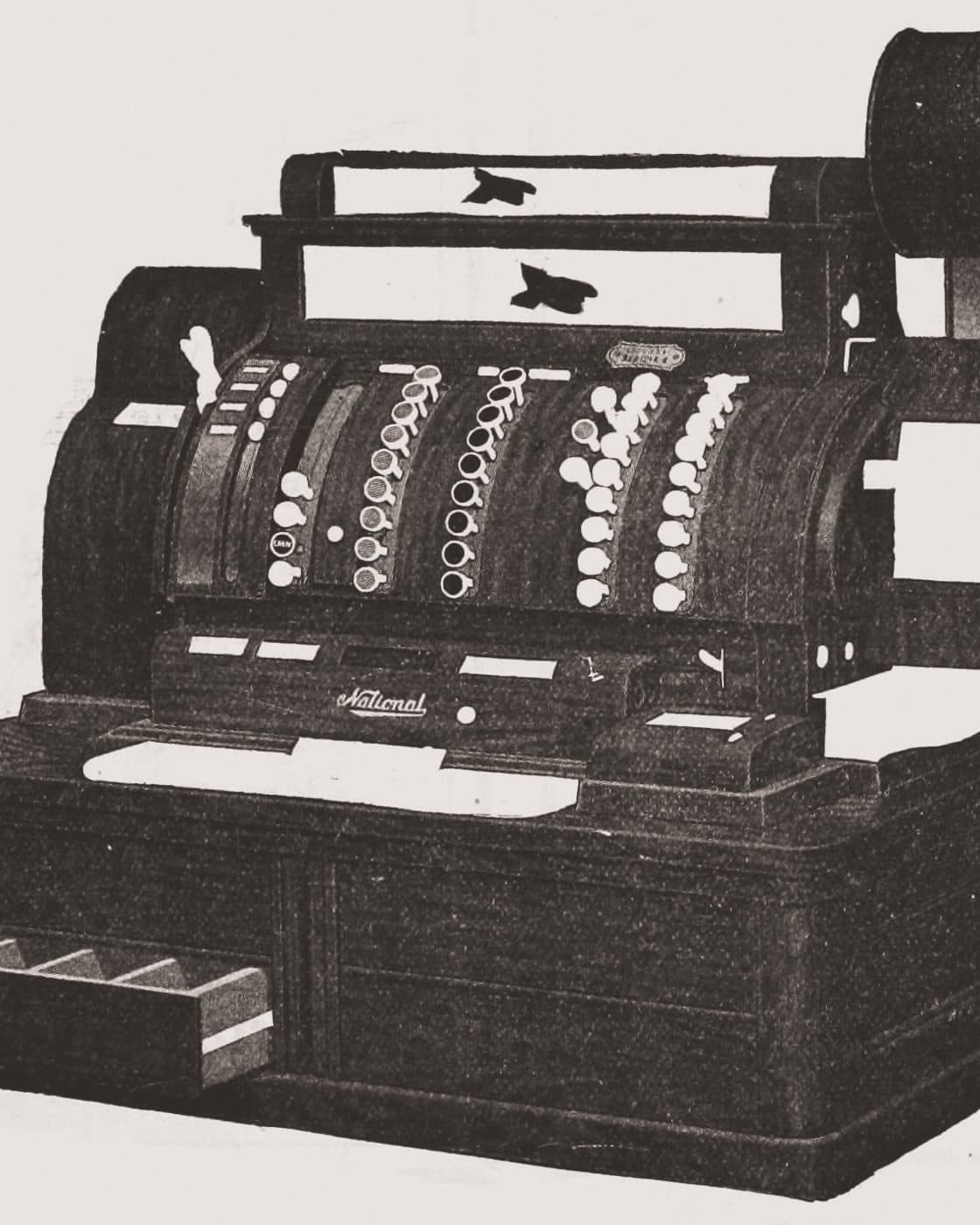 Un registratore di cassa del 1918, disegnato a inchiostro