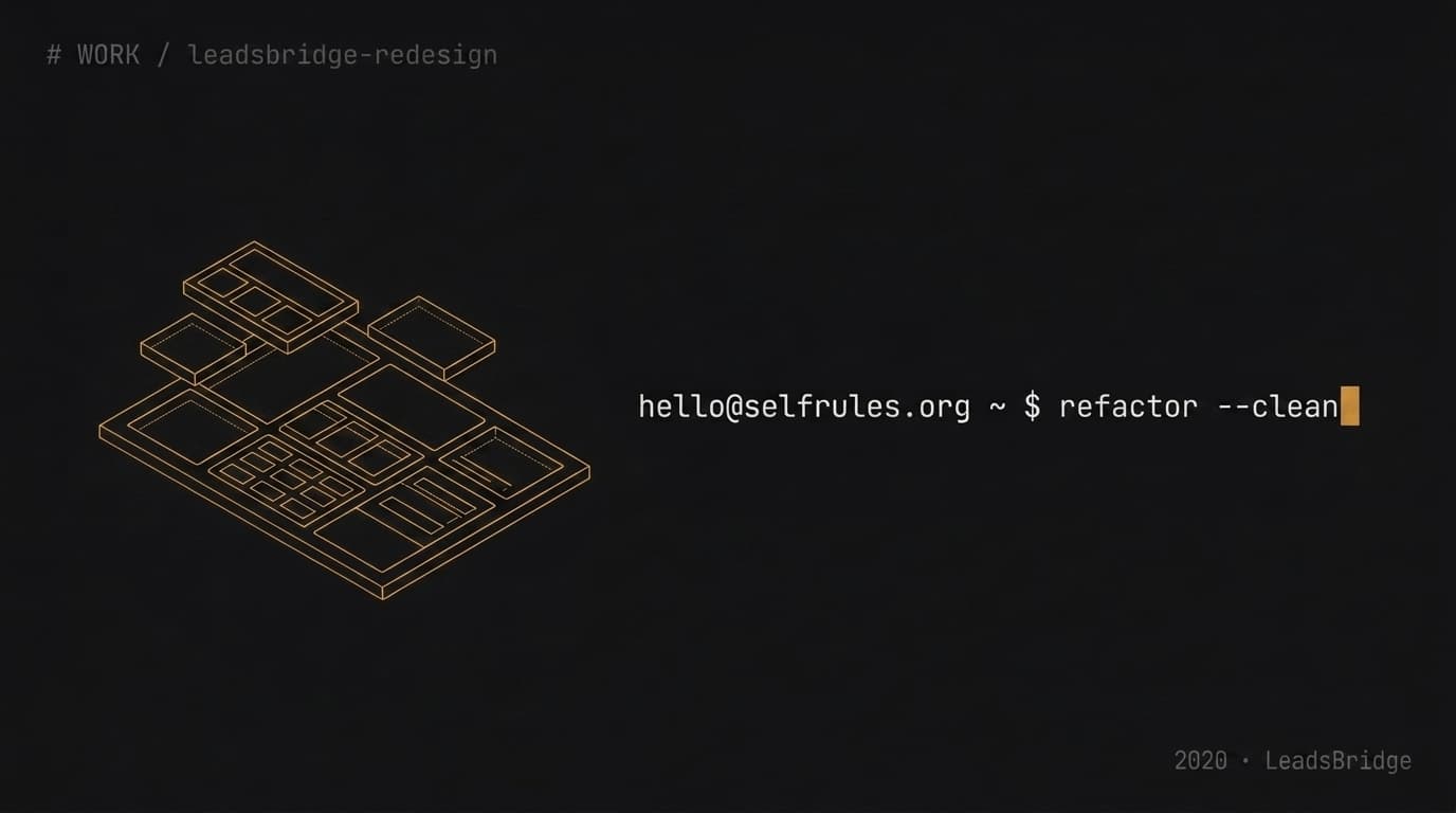 Wireframe illustration of modular UI panels being rearranged — hello@selfrules.org ~ $ refactor --clean