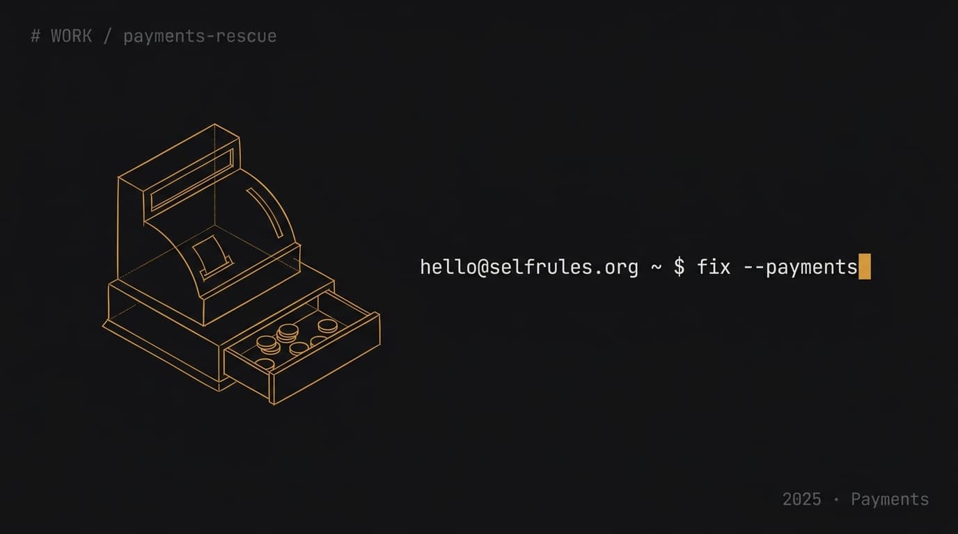 Wireframe illustration of a vintage cash register — hello@selfrules.org ~ $ fix --payments